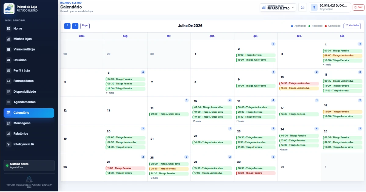 Calendário de agendamentos de carga e descarga no AgendaFlow