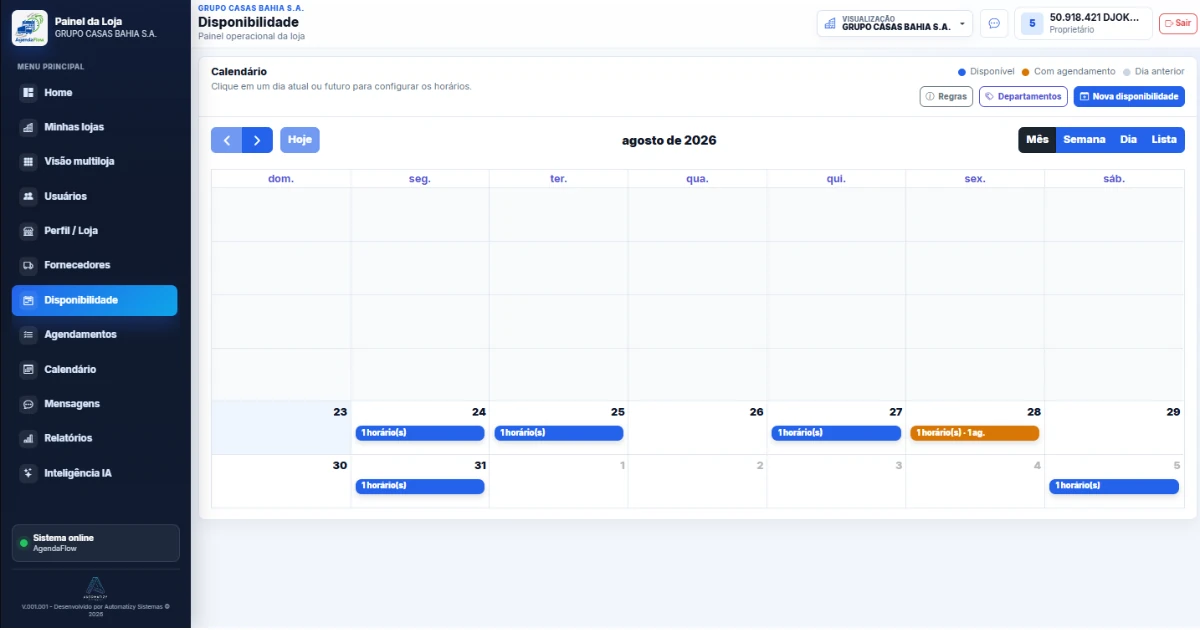 Tela de disponibilidade para agendamento de cargas e descargas no AgendaFlow